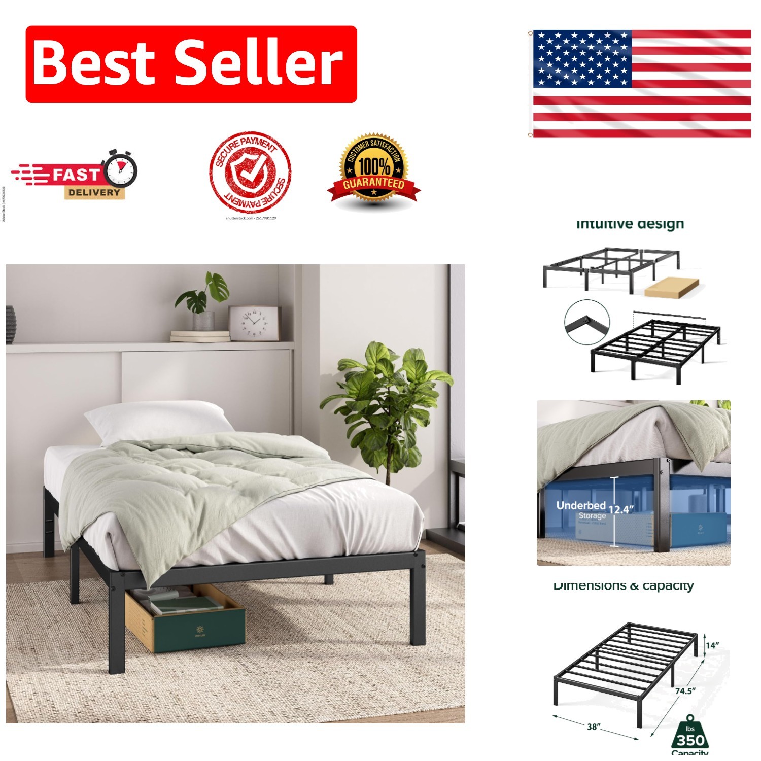 Sturdy 14-Inch Twin Metal Bed Frame – 350 lb Capacity, No Box Spring Required