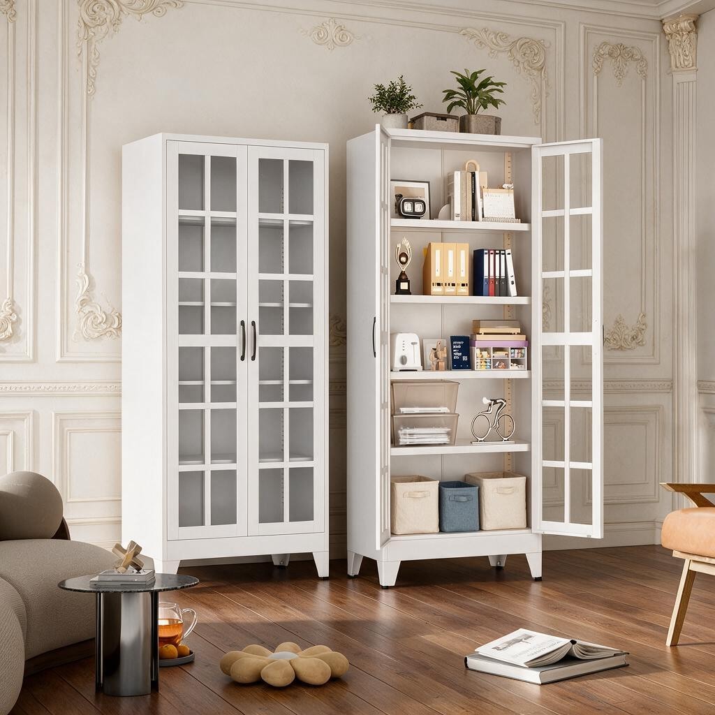 71″ White Metal Display Cabinet with Glass Doors, 4 Adjustable Shelves Curio