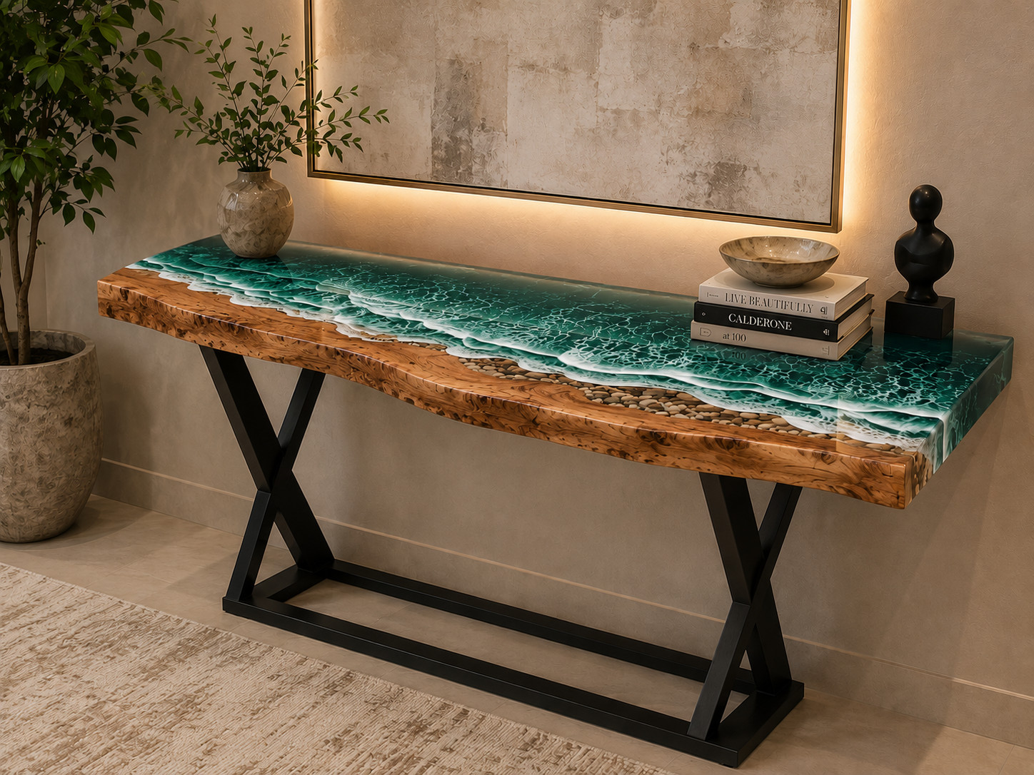 Handmade Blue Epoxy River Console Table | Live Edge Burl Wood Hallway Table |