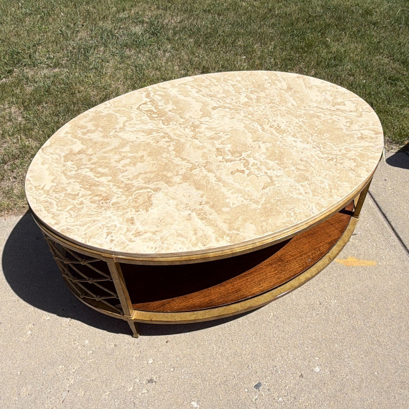 Round Stone-Top Coffee Table, Antique Brass Metal Frame, Shelf, 48x34x20