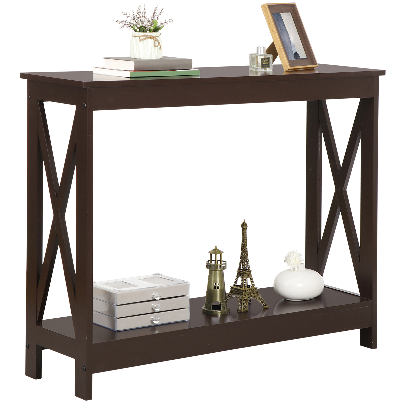 Console Table Entryway Table Narrow Sofa Side Table with 2-Tier Shelves Brown