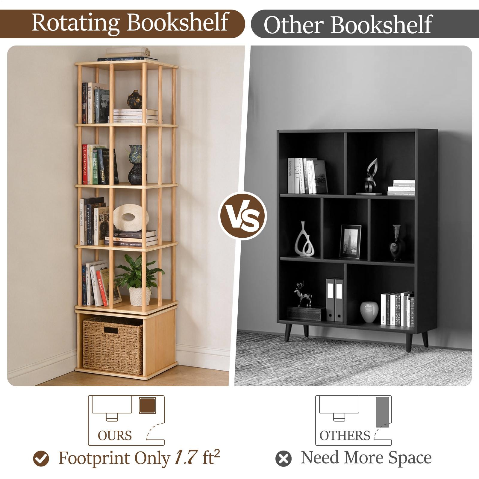 6 Tiers Corner Spinning Bookcase Organizer 360° Rotating Bookshelf Tower