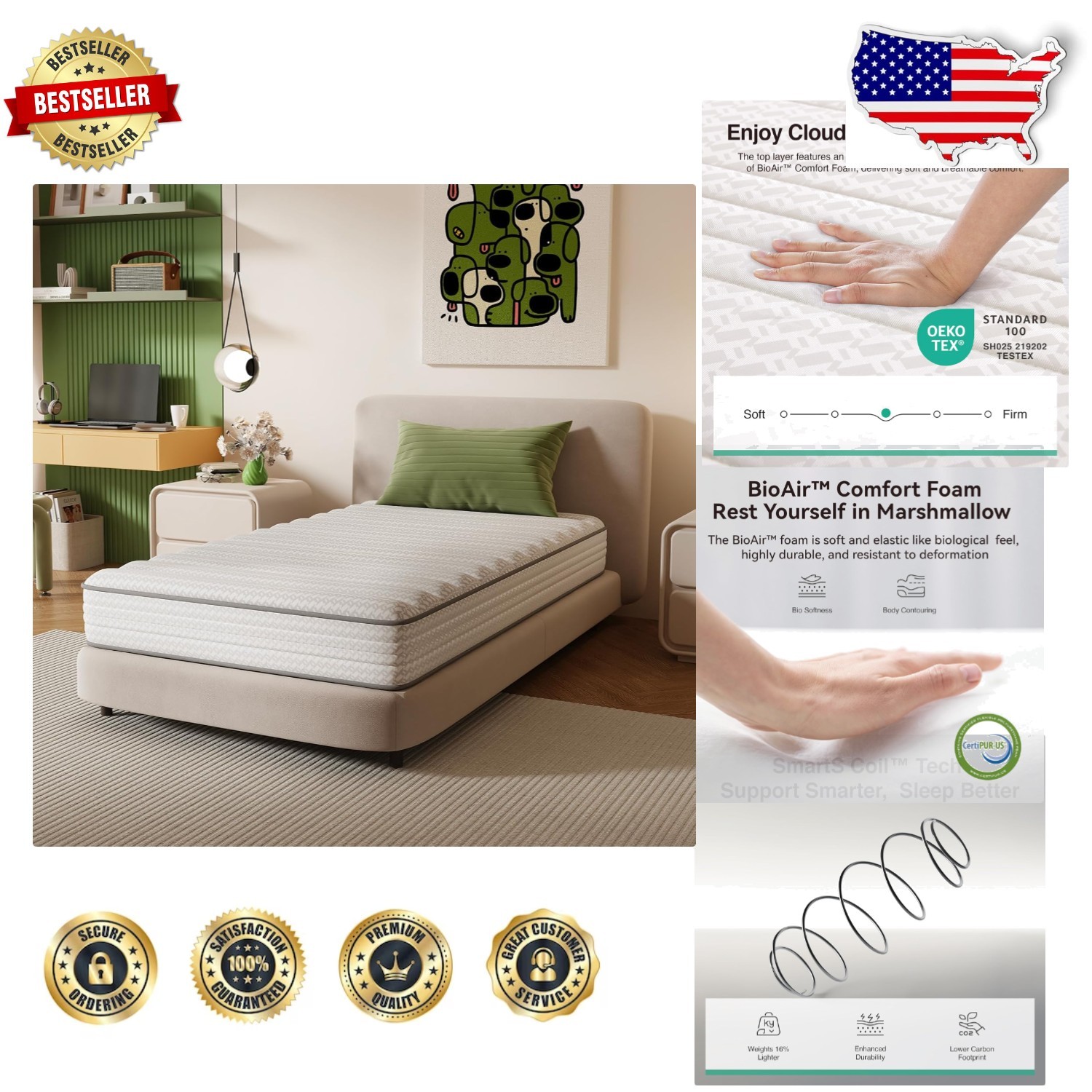 Queen Mattress 8 Inch: Medium Firm, Pocketed Coil, Breathable AirBreeze Fabric