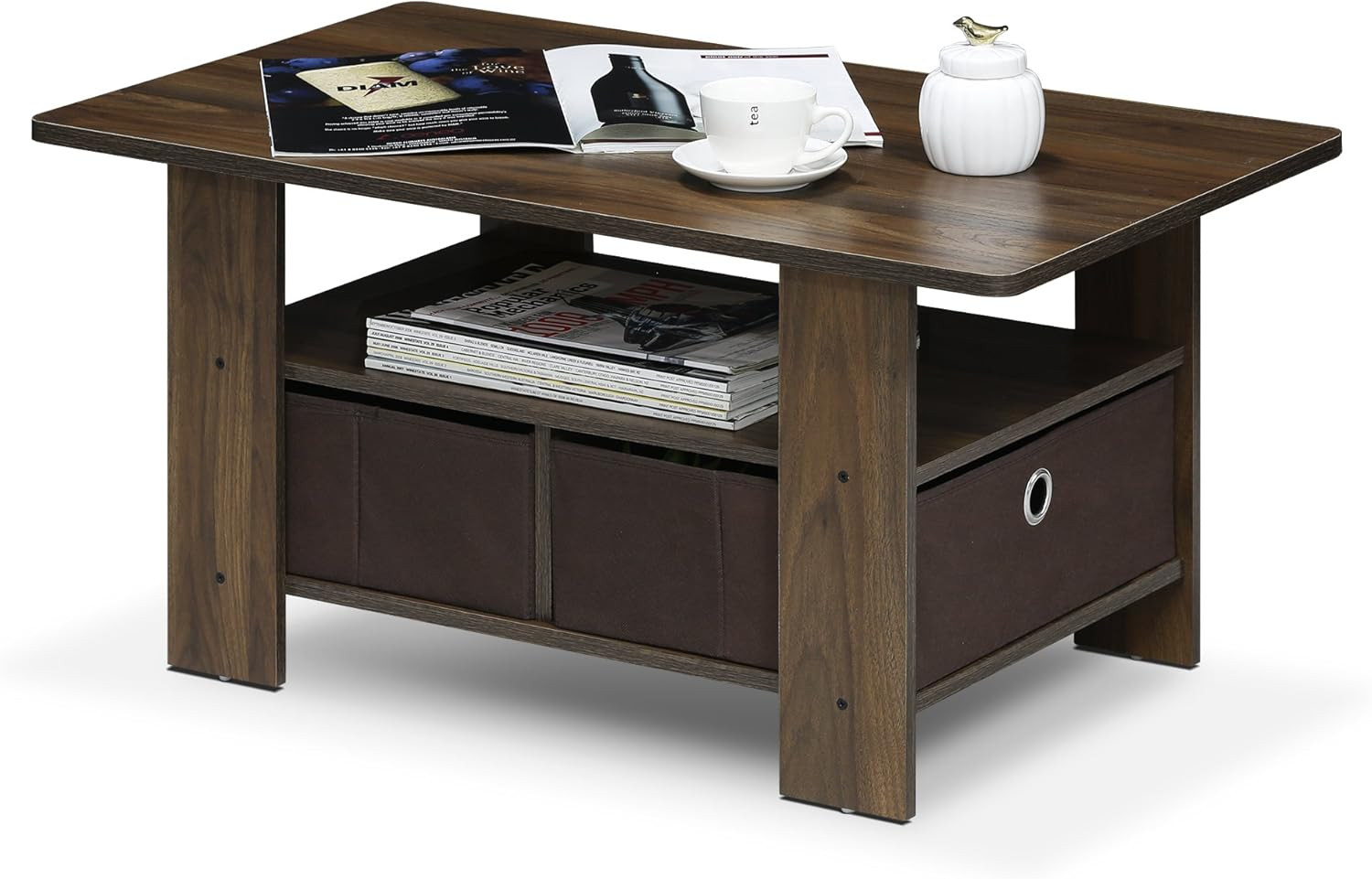 Andrey Coffee Table with Bin Drawer, Columbia Walnut/Dark Brown