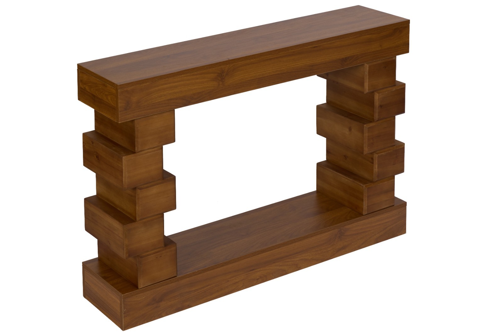 Warm Natural Finish Geometric Stacked Block Wood Console Table