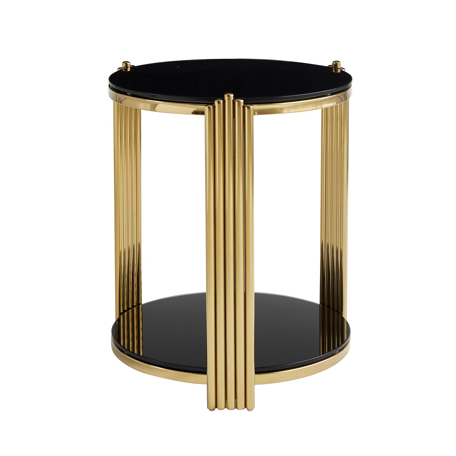 16.9in Round End SideTable Double-Layer Black Glass Gold Stainless Steel Frame