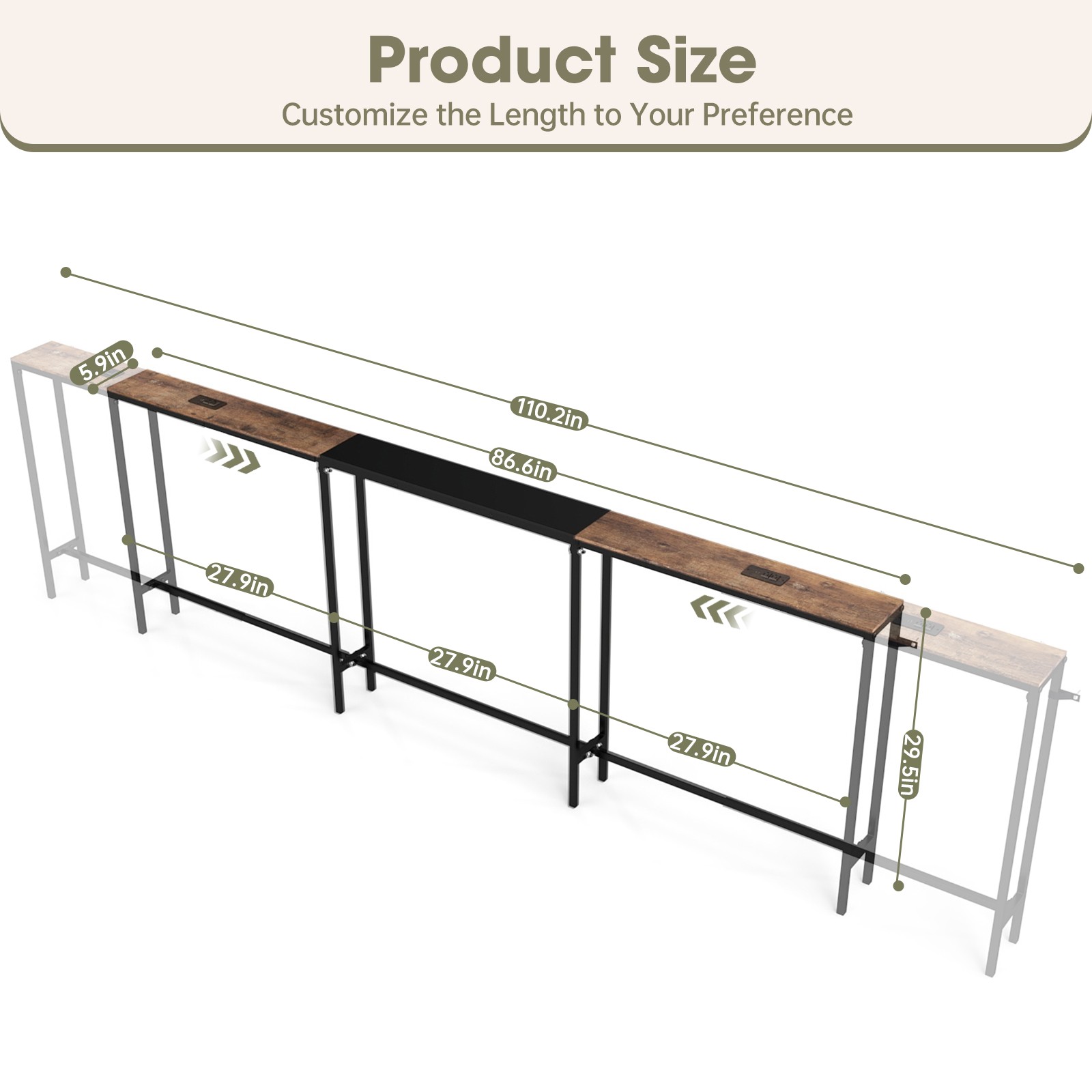 Huuger Narrow Sofa Table Behind Couch Table 157.5 Inch Adjustable with Charging