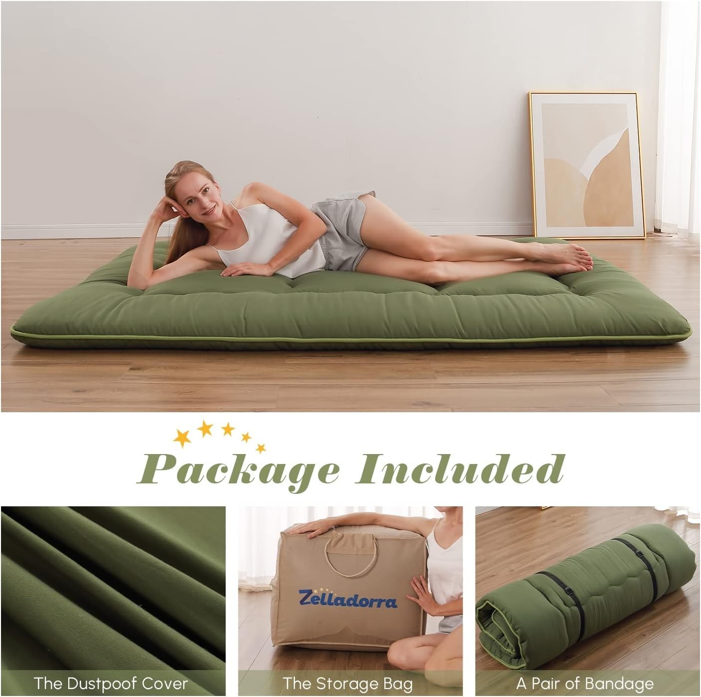 Portable Twin Japanese Futon Mattress – Memory Foam & Washable Cover, Green