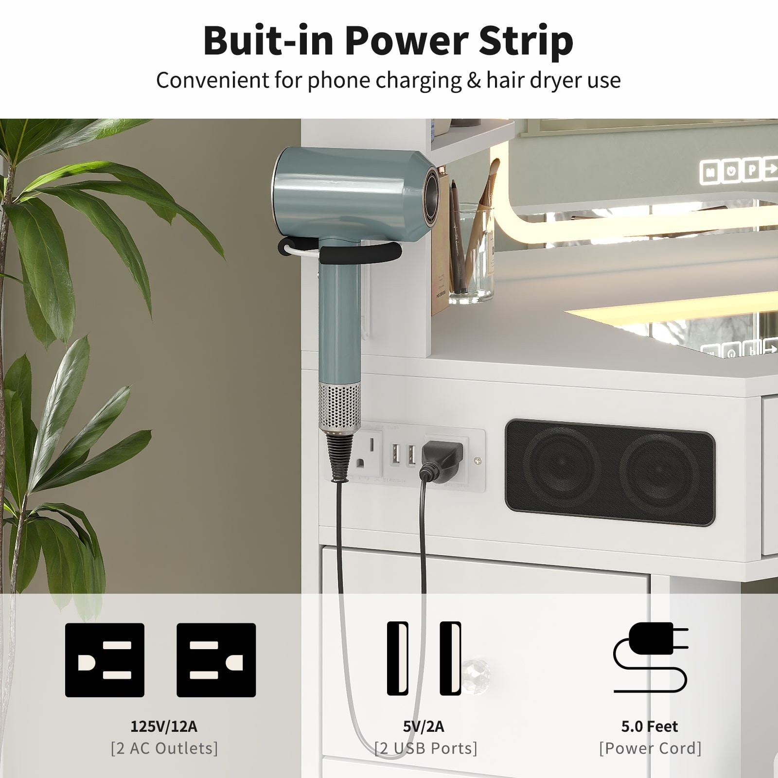 Corner Vanity Desk with Bluetooth Speaker, Makeup Vanity Mirror, Dressing Table