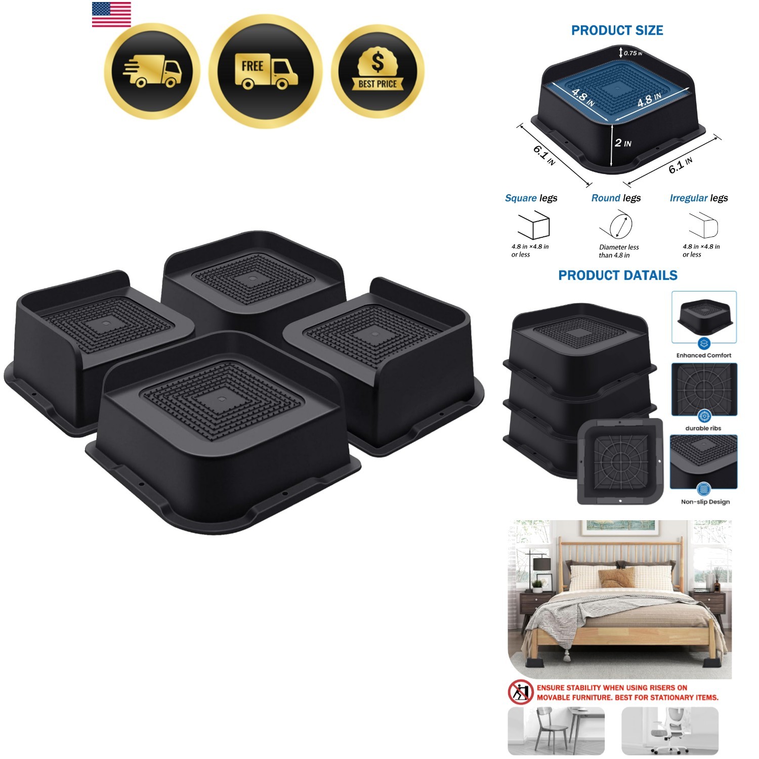 Bed Risers 2 Inch Heavy Duty Furniture Risers for Bed Couch Sofa Support 5000…