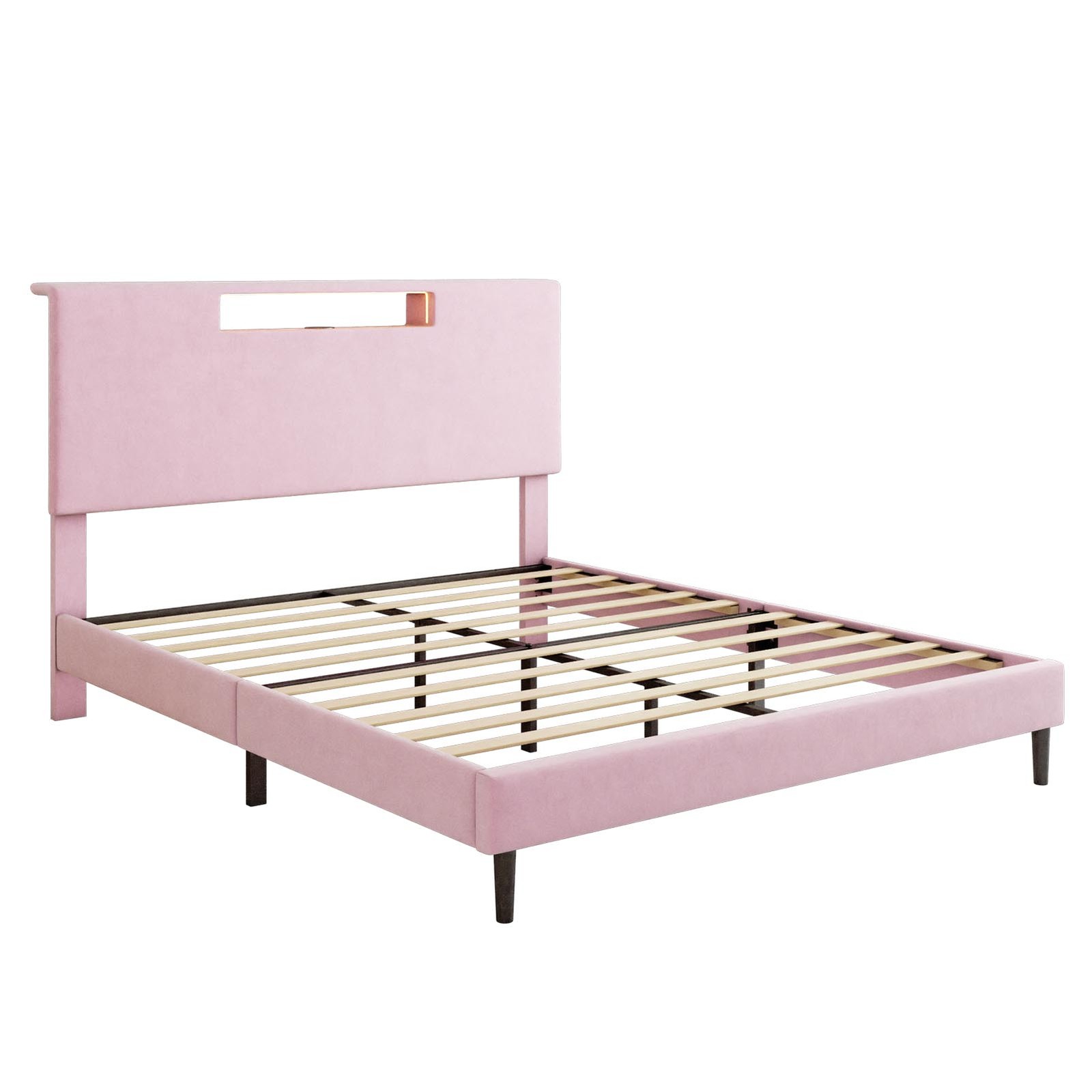 Queen Size Upholstered Bed Frame Flannel Sponge Headboard Built-in Charging Port