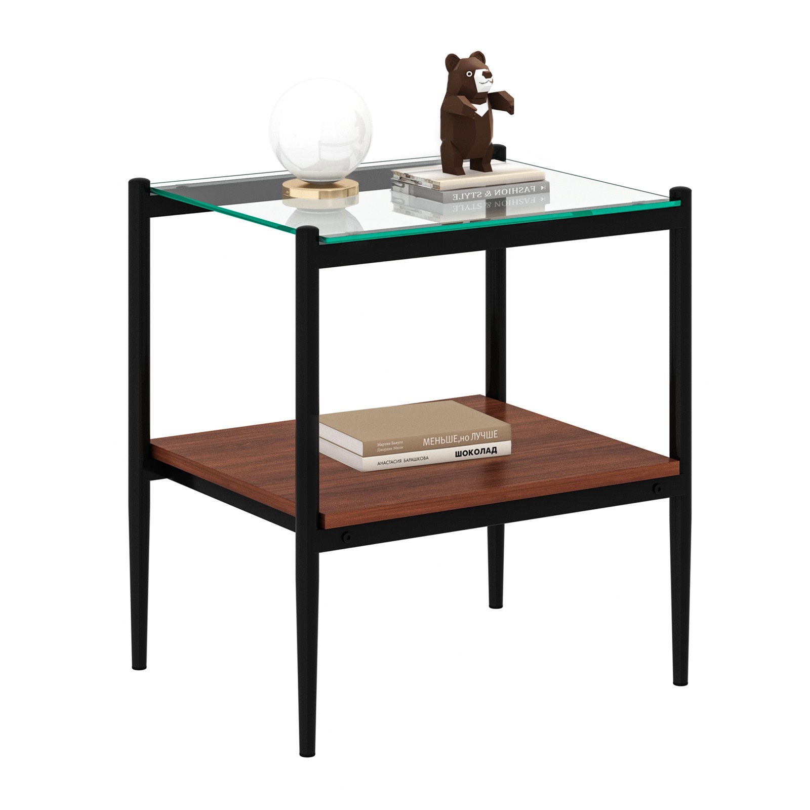 Rectangle End Table Set of 2, Tempered Glass Top with MDF Shelf