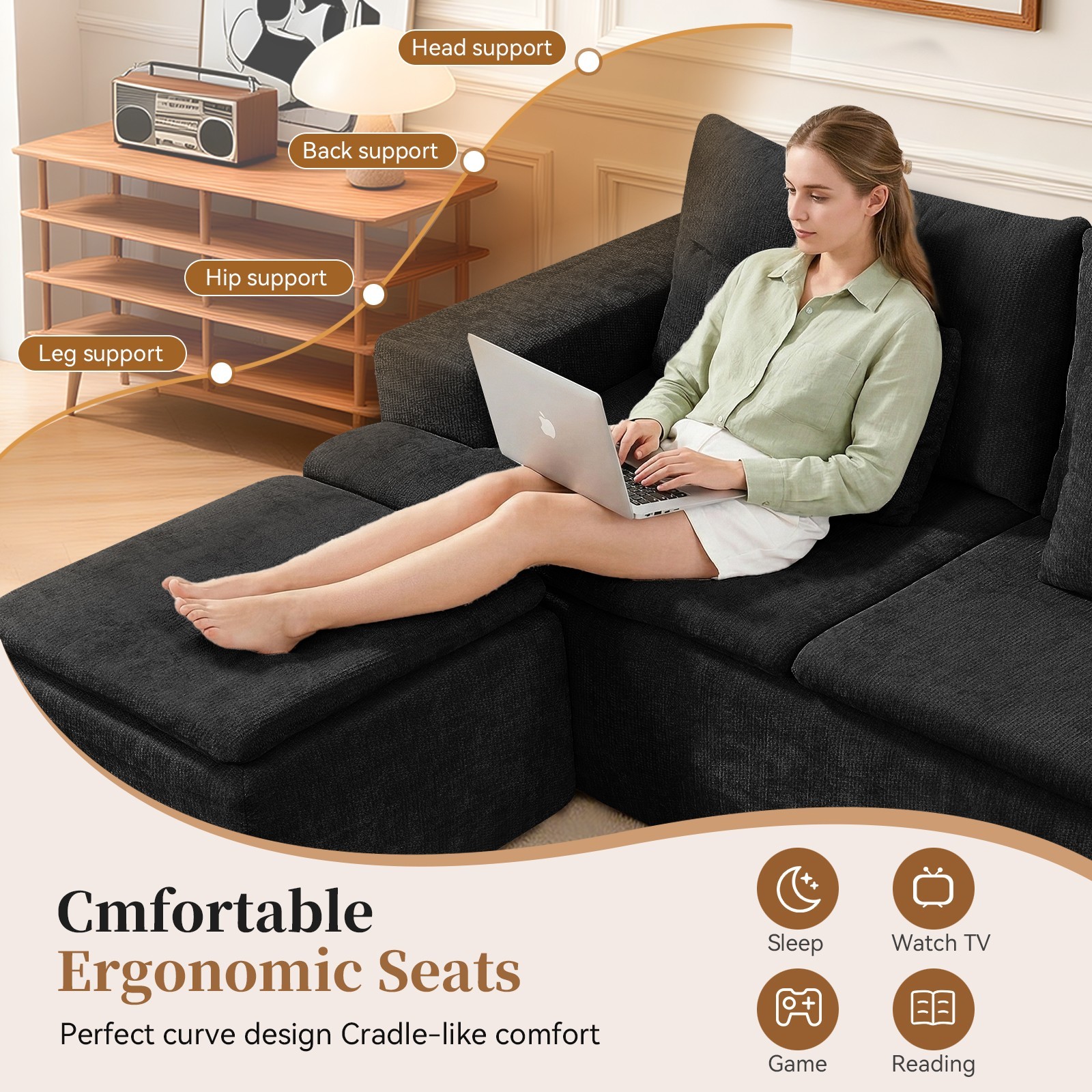 Boneless Sectional Couch with L-Shape Chaise Reversible Ottoman Sofa in a Box