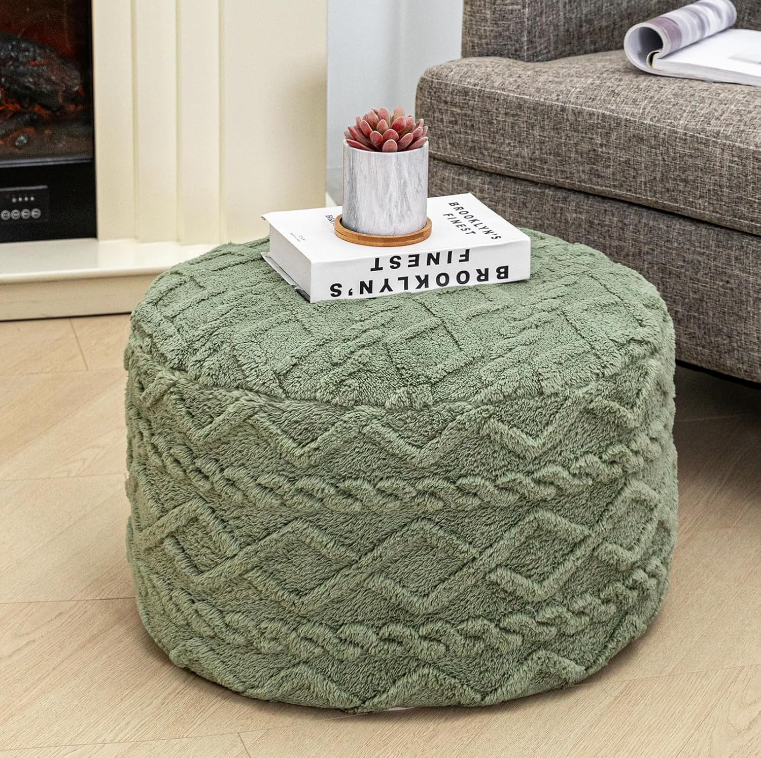 Sage Green Round Pouf Ottoman – Foam Foot Rest & Floor Seat, 20×12 In