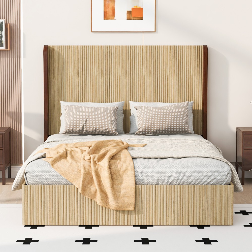 Queen Size serrated wooden platform bed frame , wing-shaped color-matched