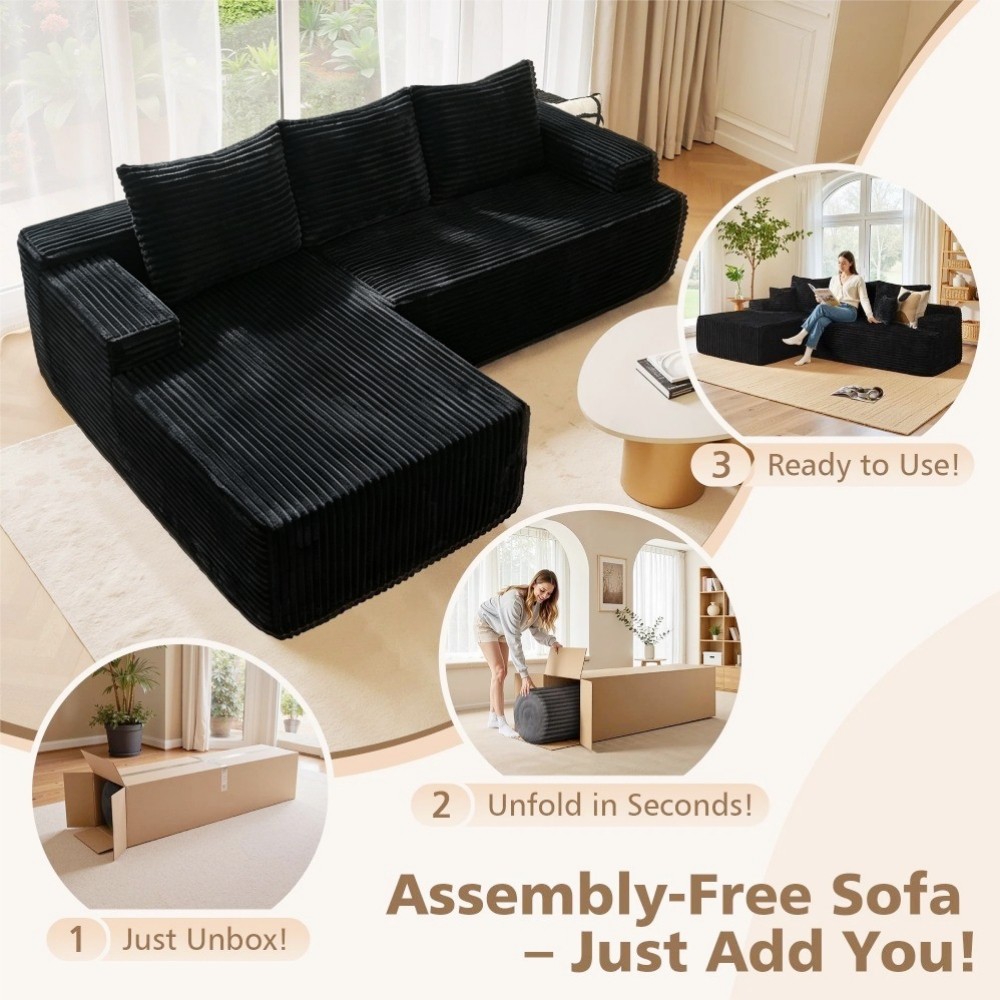 96″Frameless Boneless Soft Sofa,Cloud Sectional Couch With L-Shaped Chaise Black
