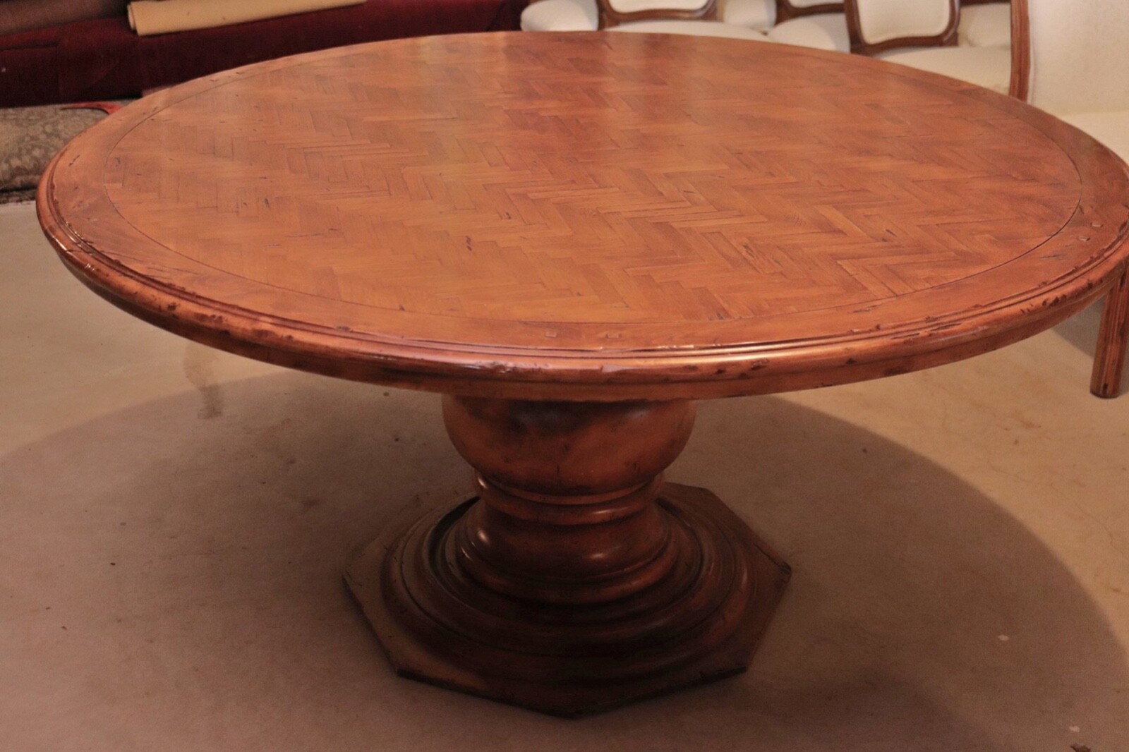 Vintage Guy Chaddock Style Round Herringbone Parquetry Dining Table