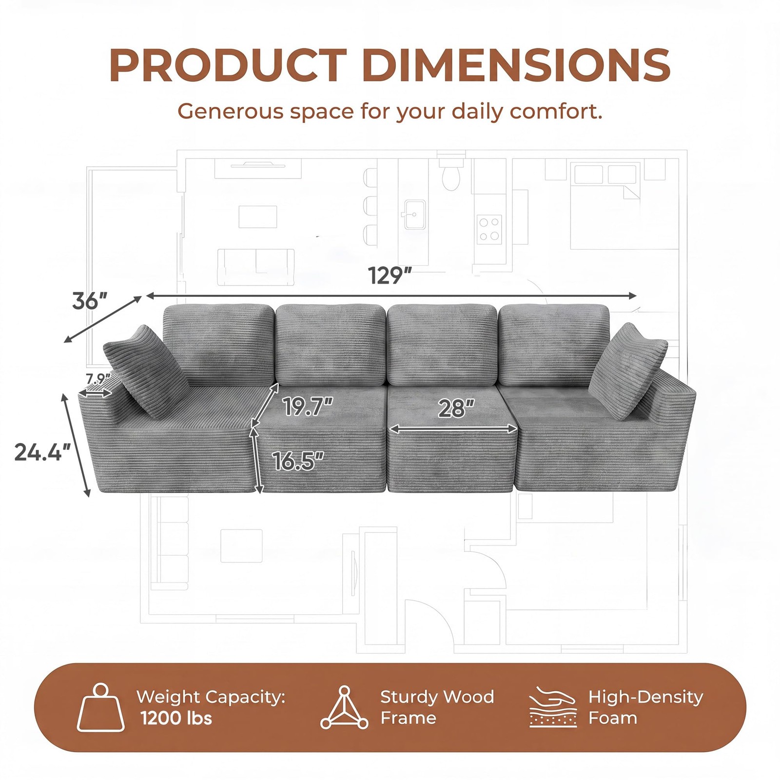 Boneless Sectional Couch Deep for Seat Upholstered Cloud Sofa Dark Grey 4-for Se