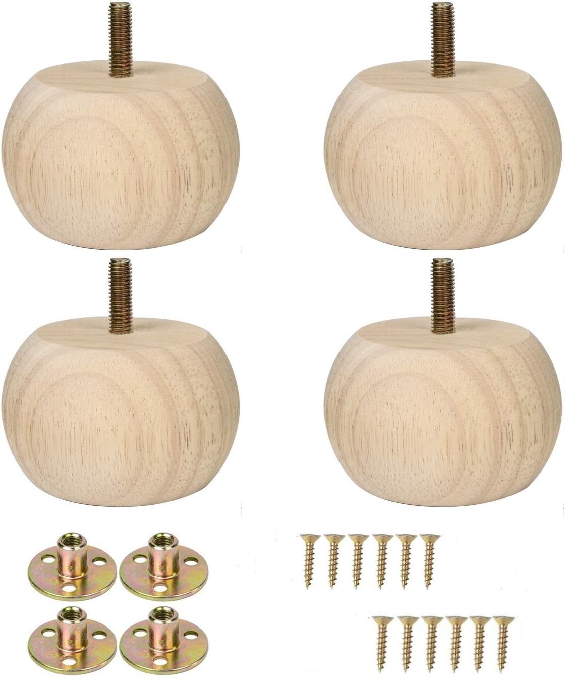 Set of 4 Unfinished Solid Hardwood Round Bun Feet 2inches with M8 Bolt Predri…