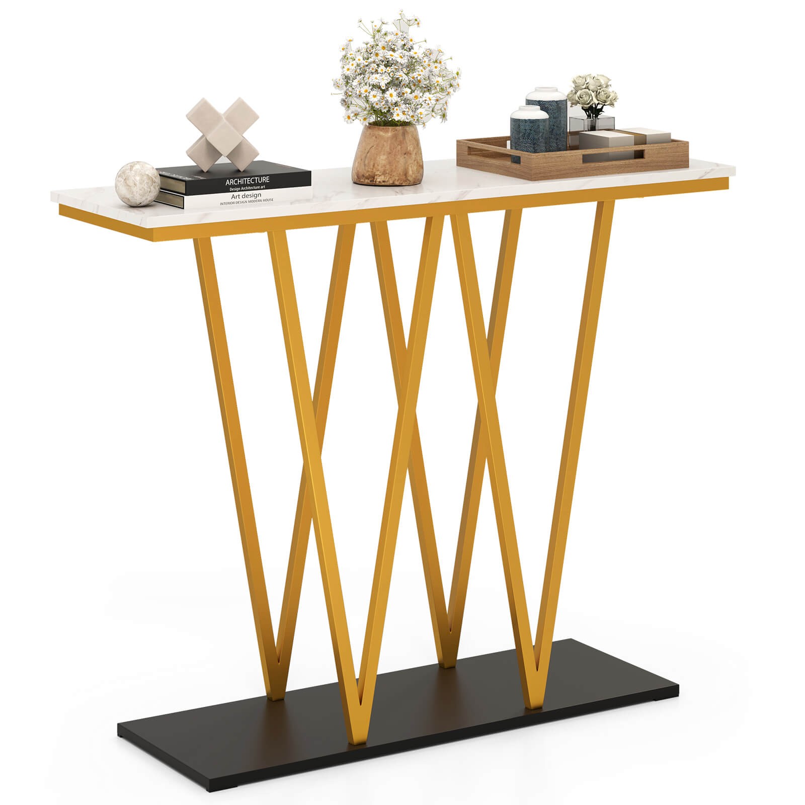 40″ Gold Entryway Table w/Faux Marble Table & Metal Frame, Storage Base, White
