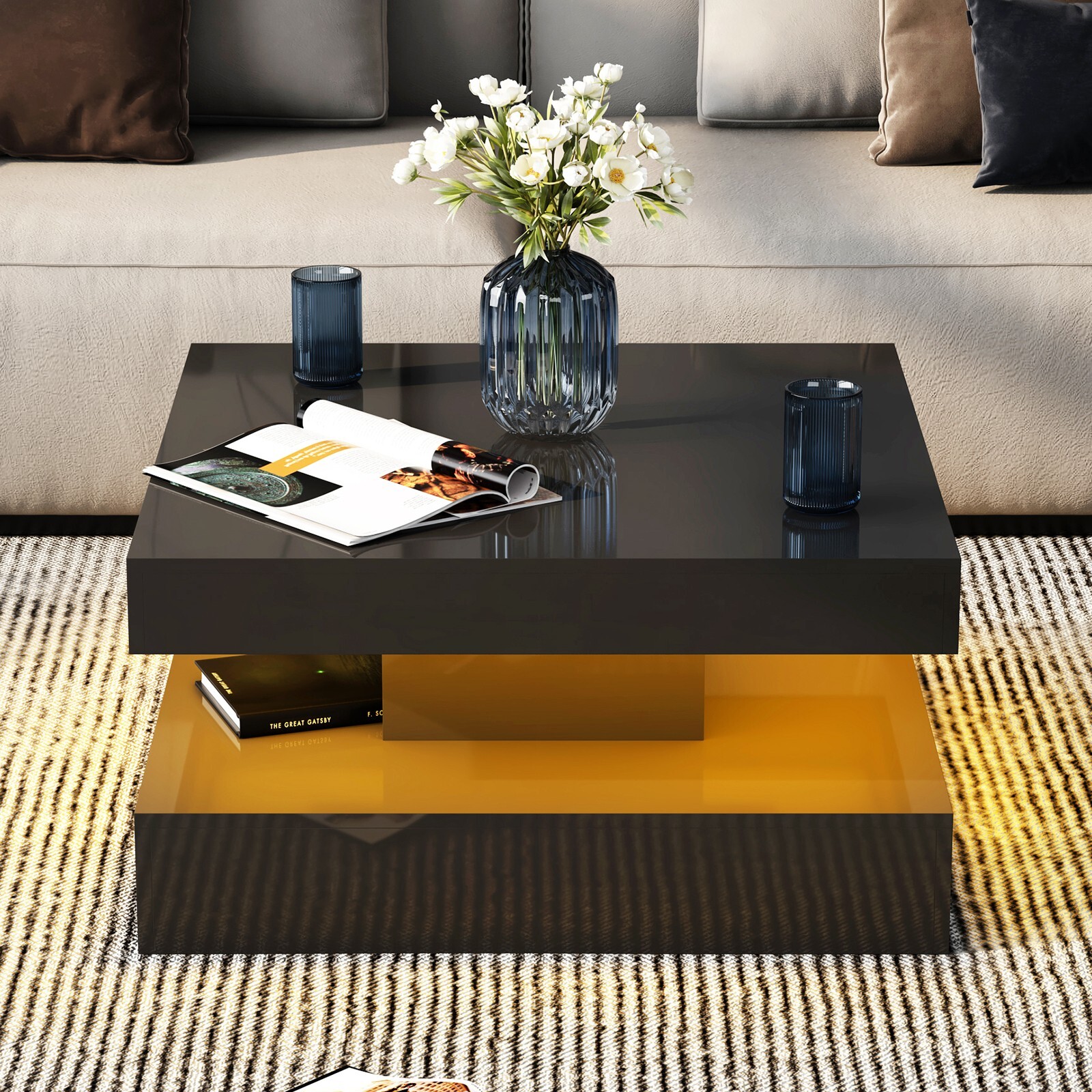 Square Coffee Table with LED Lights High Gloss Center Cocktail Table 2-Tier Whit