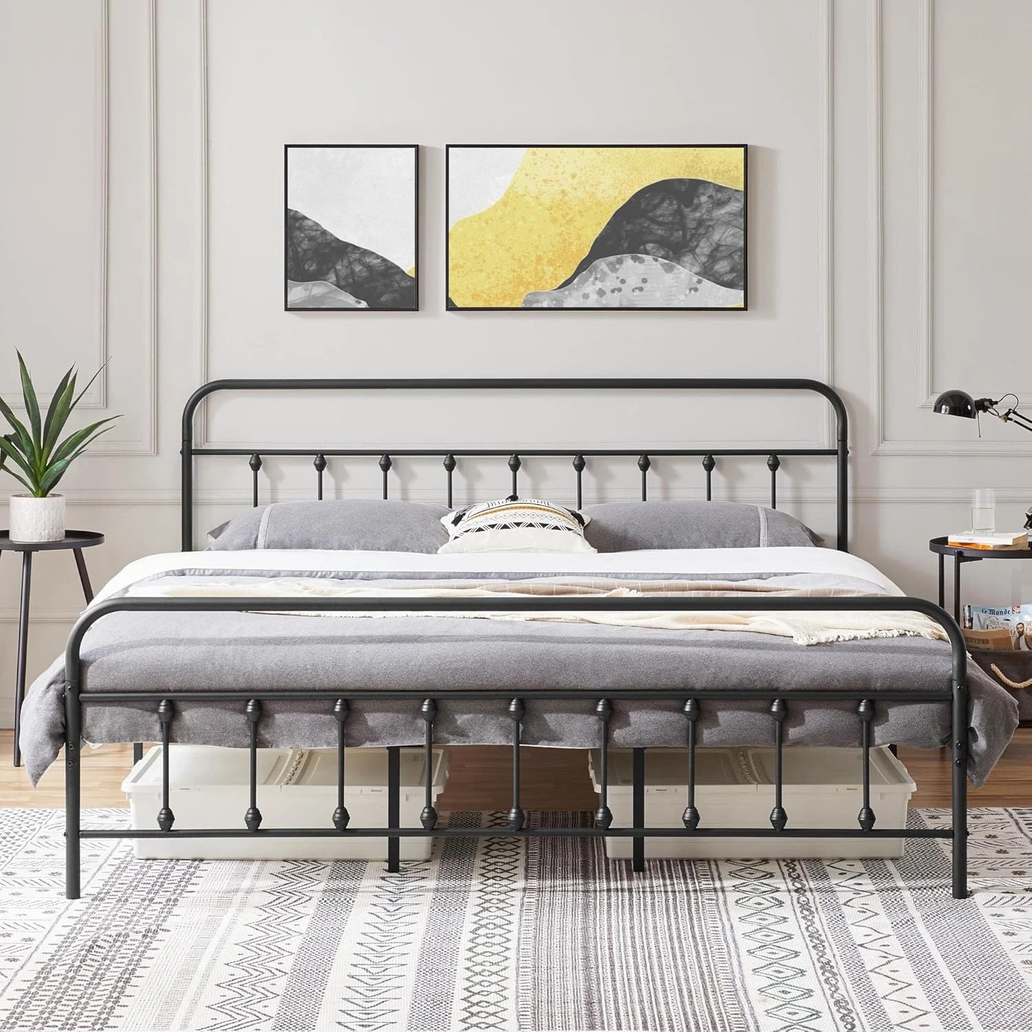 Victorian Style Metal Platform Bed Frame with Storage – California King, Black