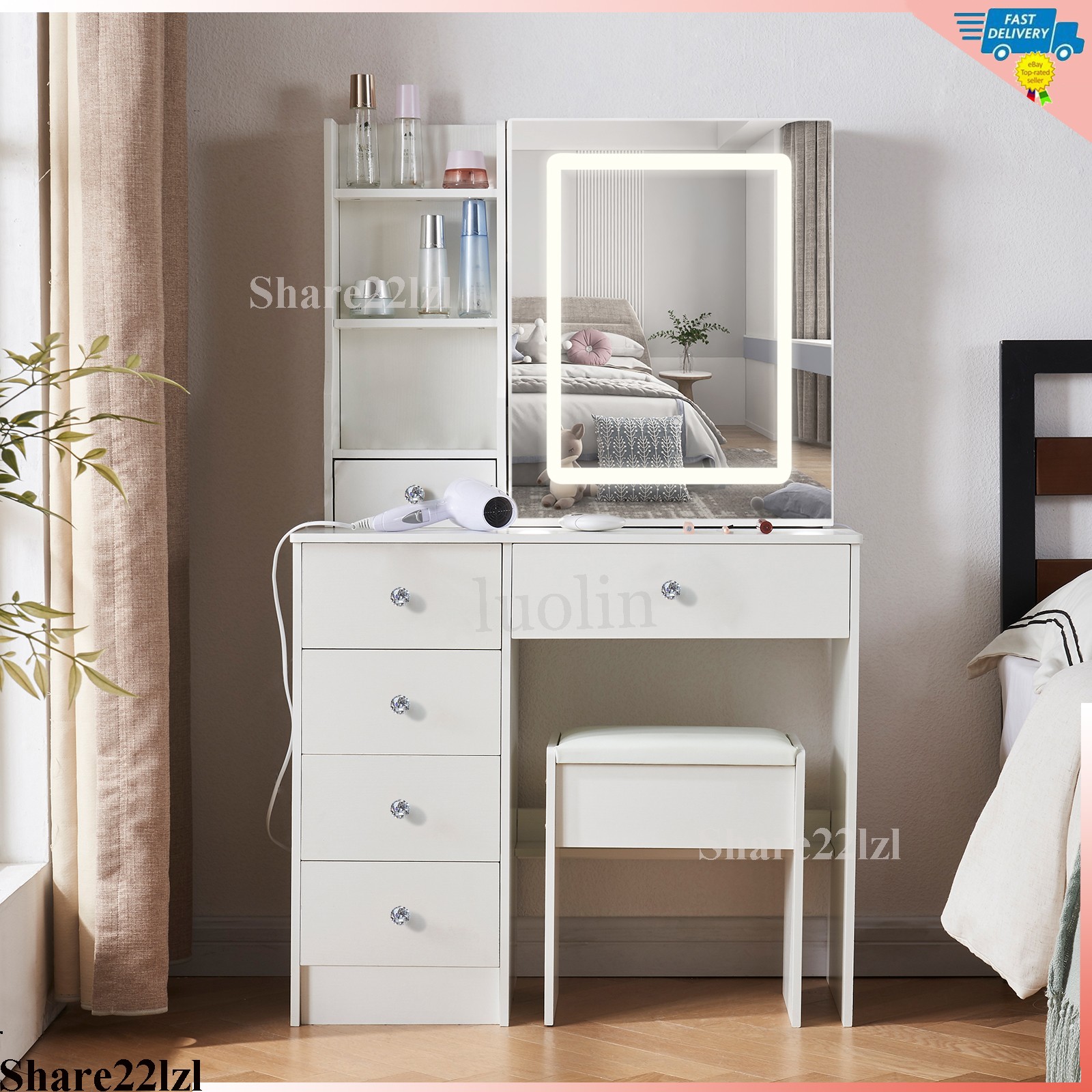 Vanity Desk with Sliding Mirror and Light, Bedroom Makeup Dressing Table Stool