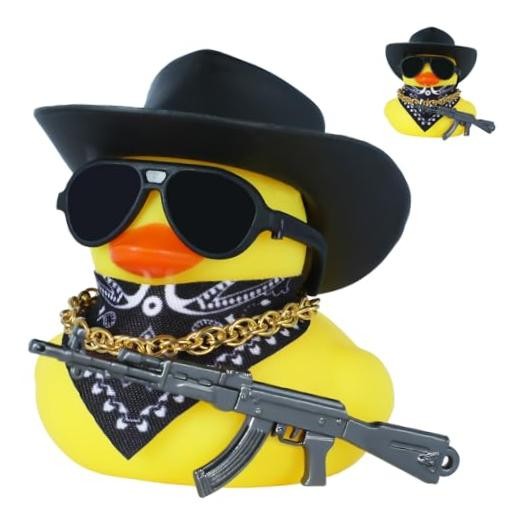 1pc Black Gangster Rubber Duck Car Accessories with Cowboy Hat, Sunglasses,