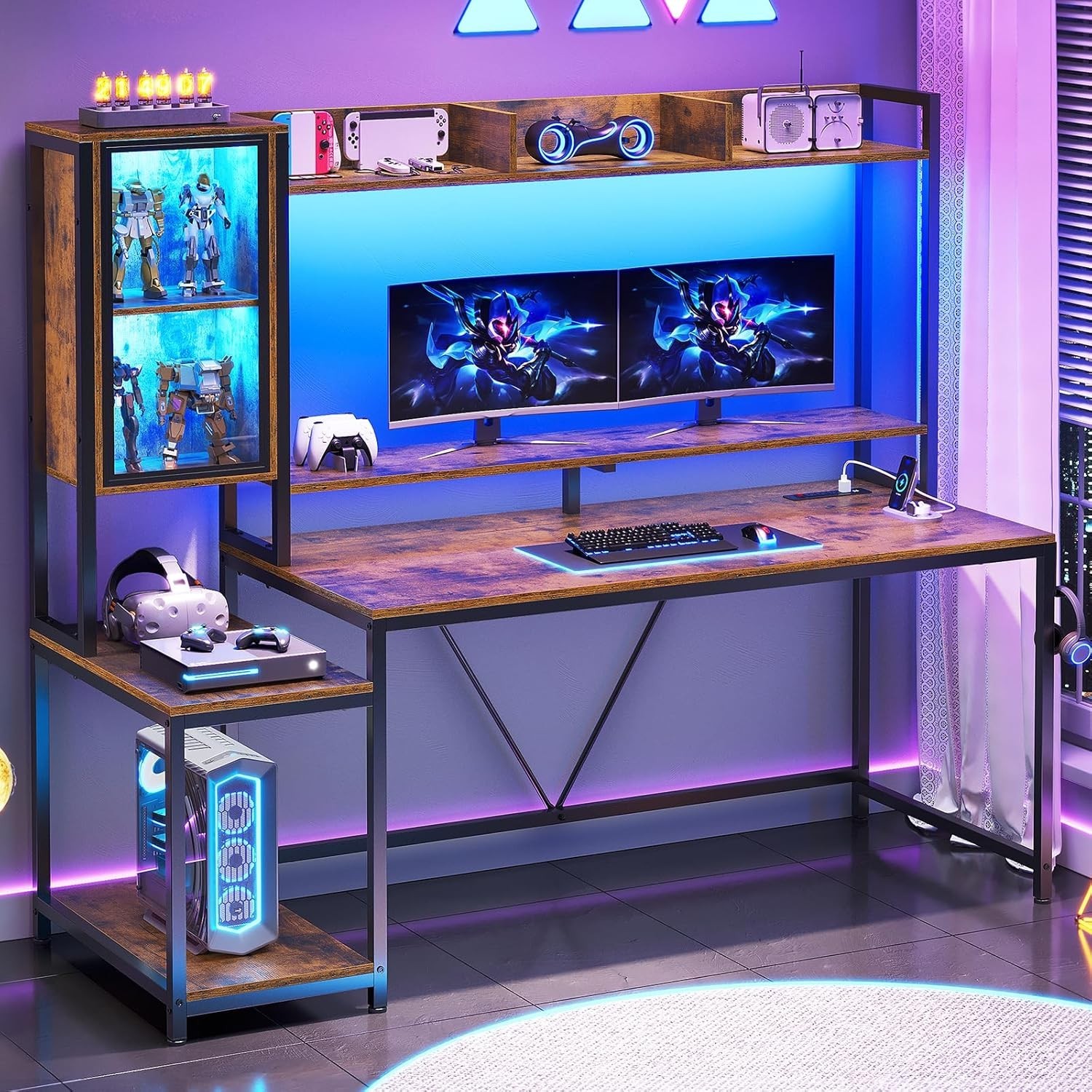 60” Gaming Desk with Hutch and LED Lights Storage Shelves ower Outlet for Home