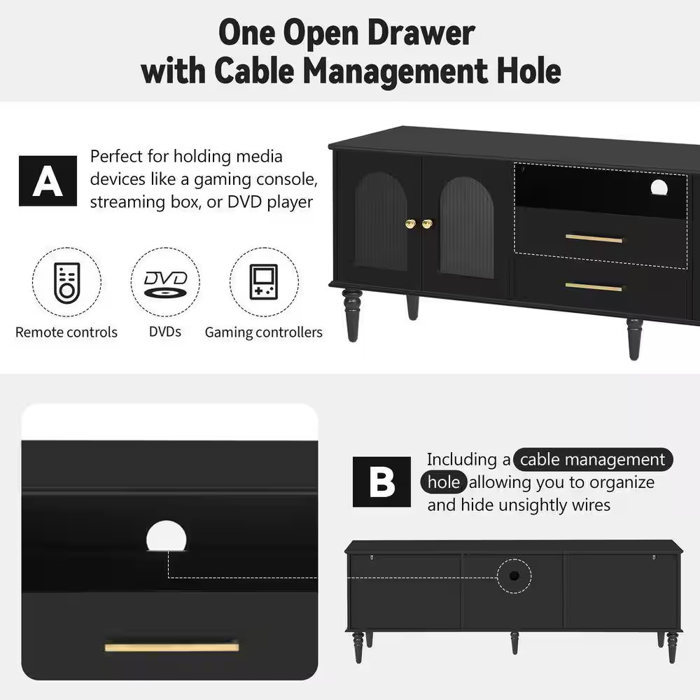 68.9 In. Black TV Stand Fits Tvs up to 75 In. with 2 Drawers and 5 Wood Legs