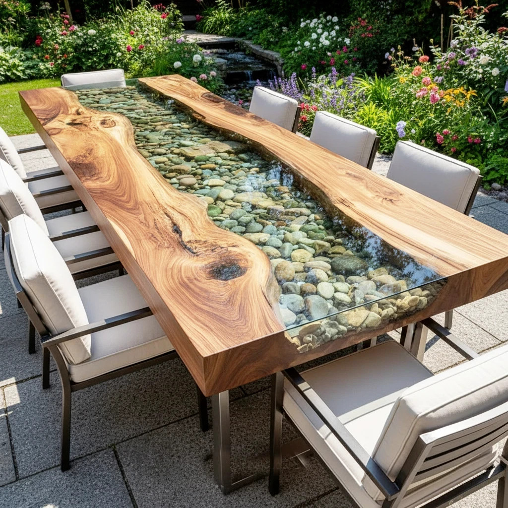 Pebbles Epoxy Resin Live Edge Dining Table | Handmade Solid Wood Table