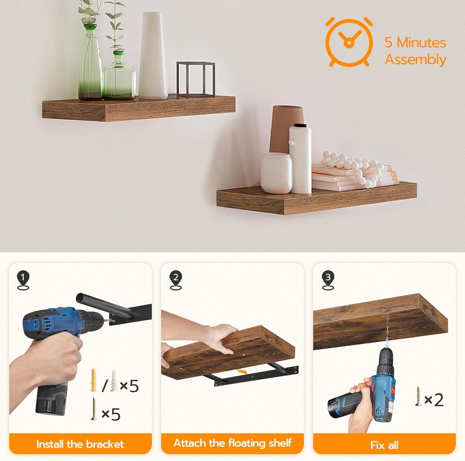 15.7” Rustic Floating Shelves – Space-Saving Design, Easy Installation, Set of 2