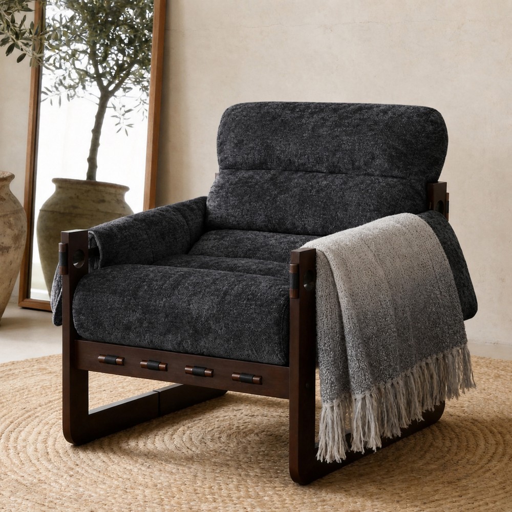 32″ Chenille Lounge Chair with Rolled Arms,Upholstered Accent Armchair,Dark Gray