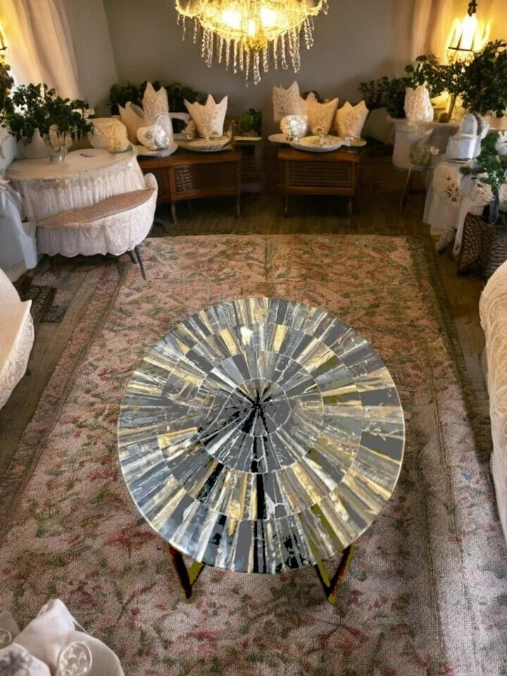 12″ Round Tiger Eye Stone Coffee Table Random Gemstone Modern Arts Hallway Deco