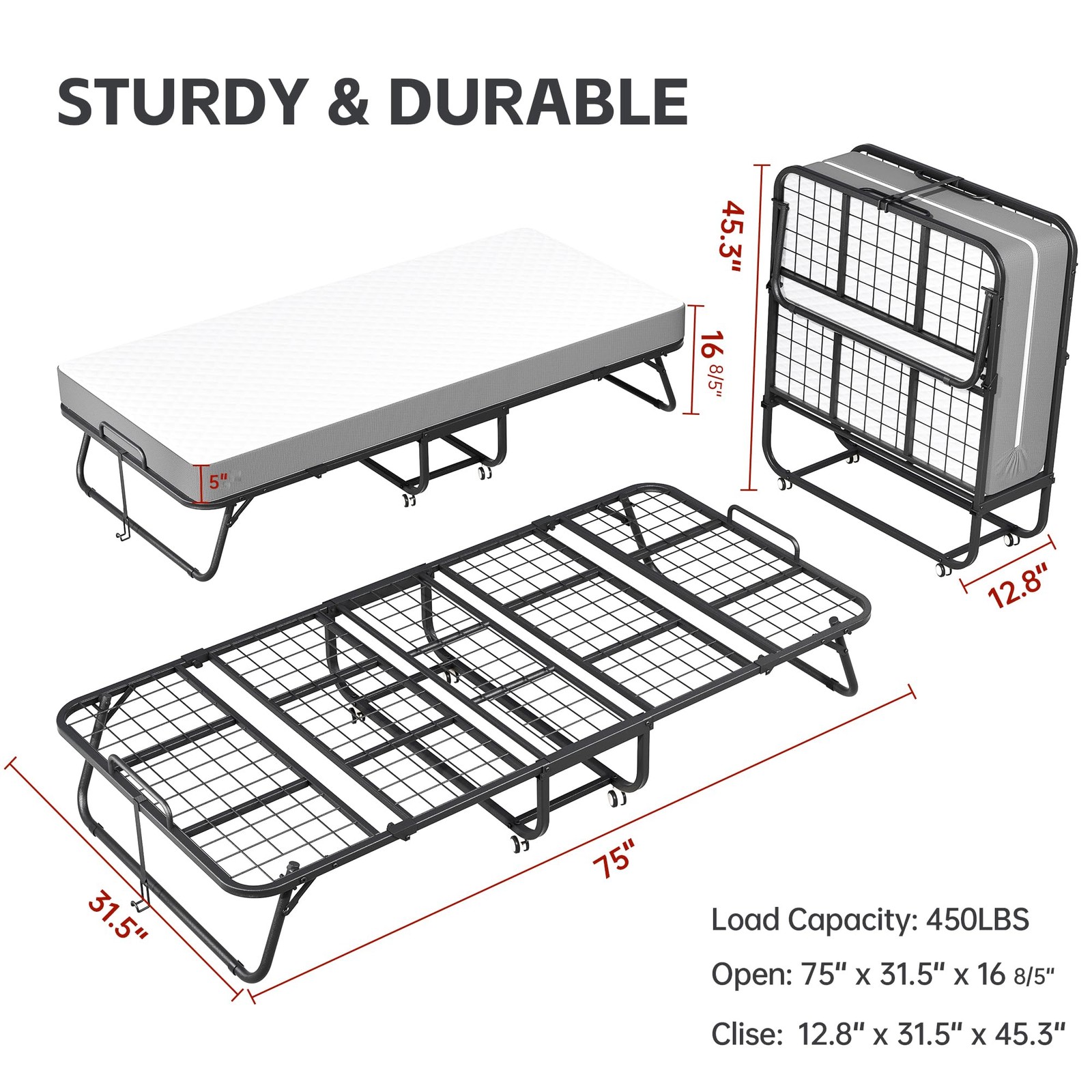 Folding Bed with Mattress, Roll Away Beds with Mattress for Adults, Single Co…