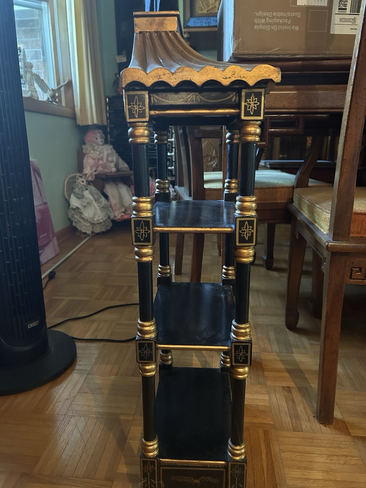 Chinoiserie Style Pagoda Wall Shelf Black Gold Faux Bamboo Asian W/ Drawer