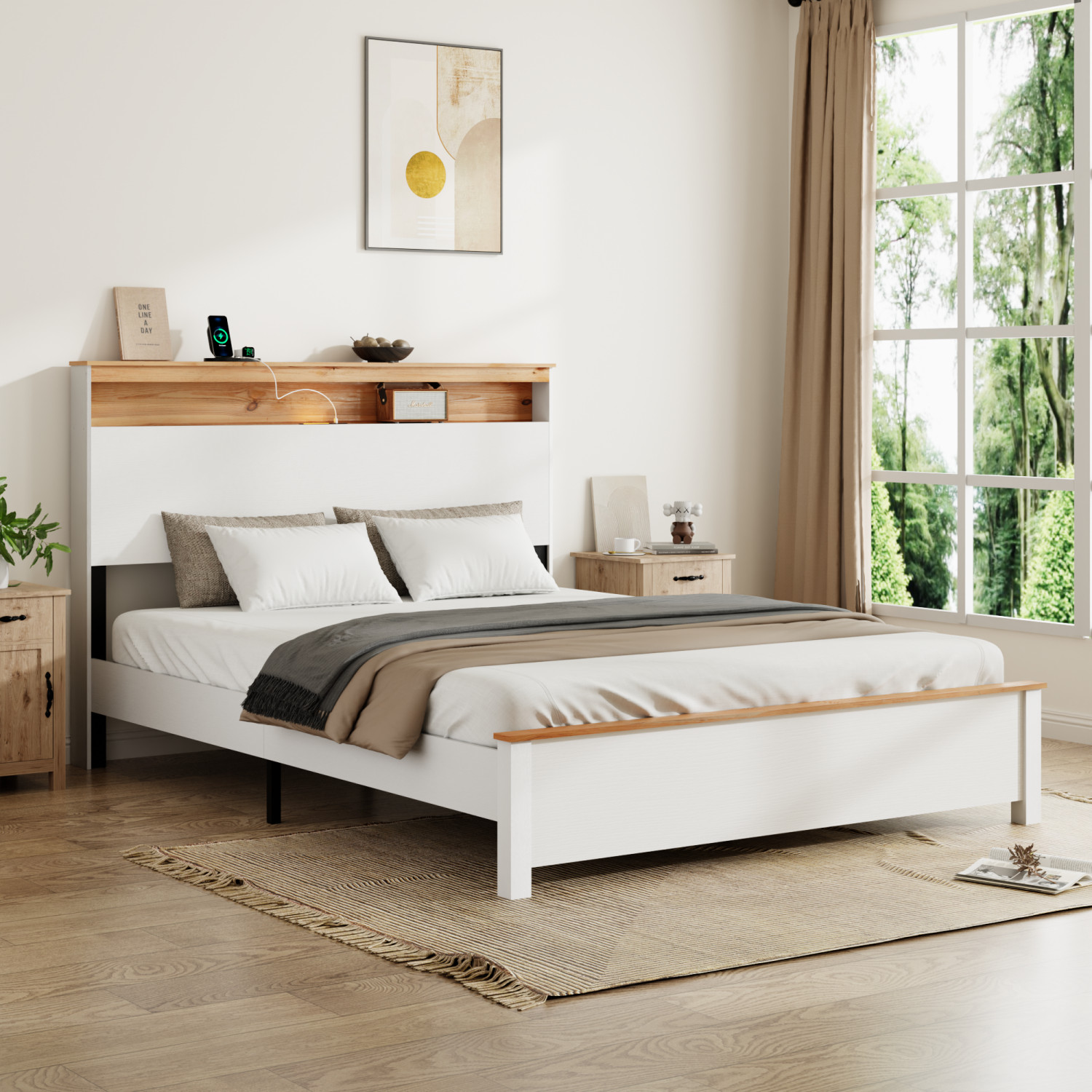 Full/Queen/King Size Platform Bed Frame w/ LED Lights & USB Port & Storage