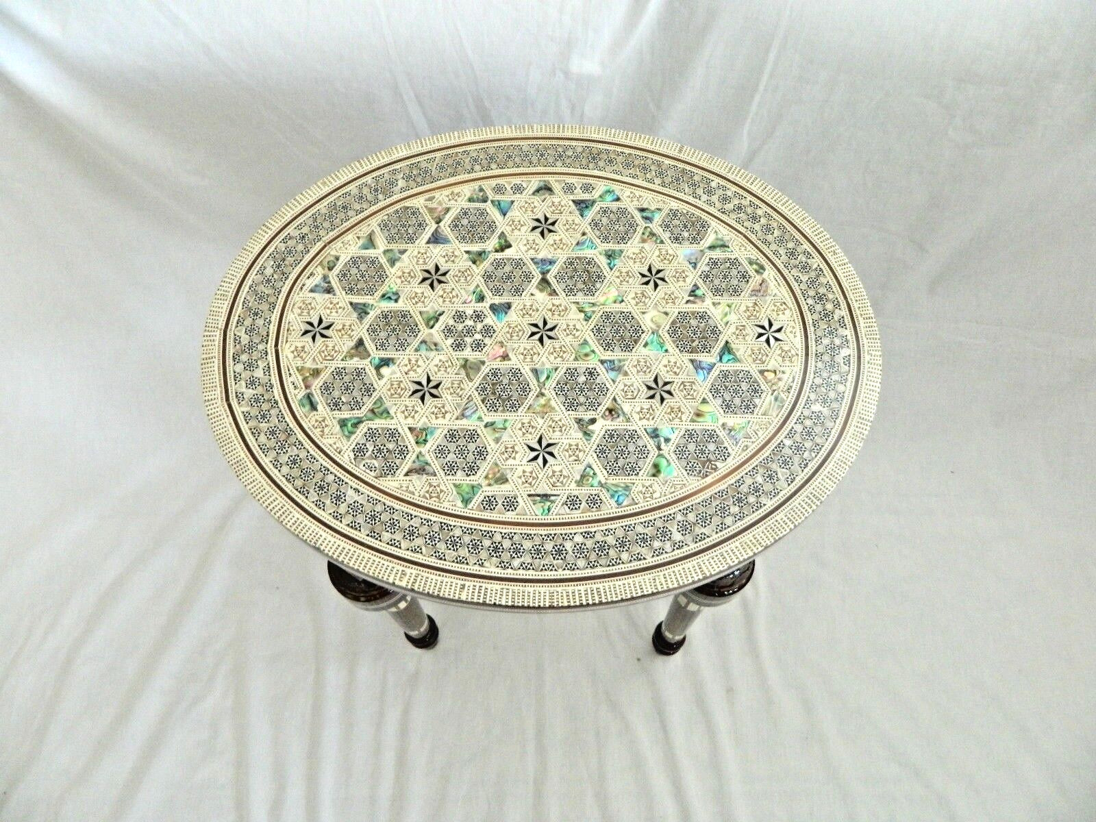 Egyptian Inlaid Mother of Pearl Wood Living Room Handmade Table Oval 16.5″