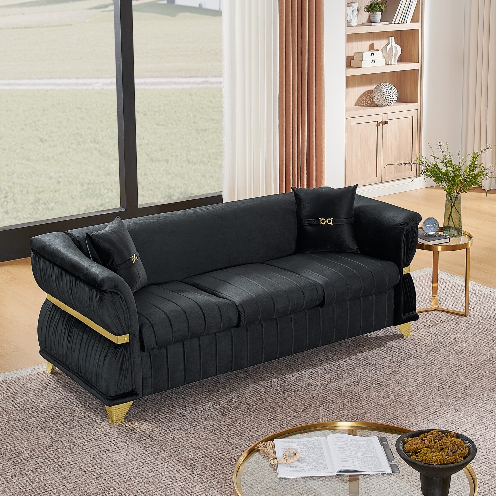 Modern Velvet 3-Seater Sofa with Gold Trim & 2 Pillows, Black, 83.5″