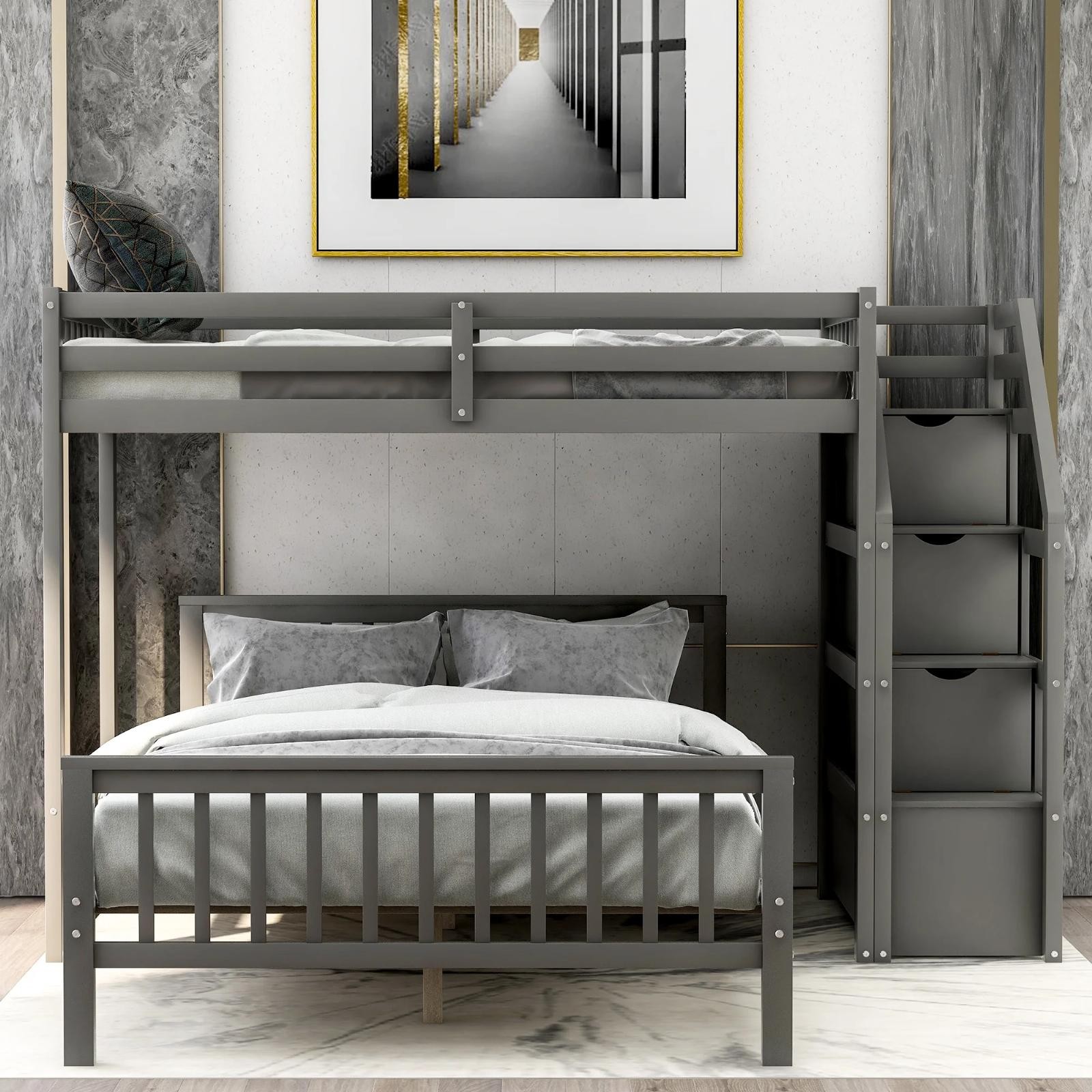 Twin Over Full Bunk Bed Loft Bed With Moveable Platform Bed & Storage Staircase