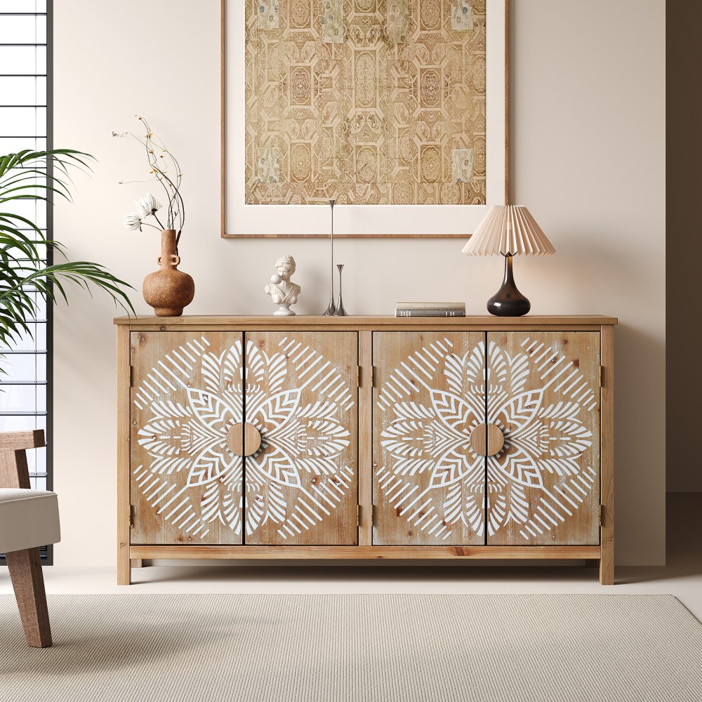 60″ Wood Accent Cabinet, 4 Doors, Brown/Antique White, Buffet Media Console
