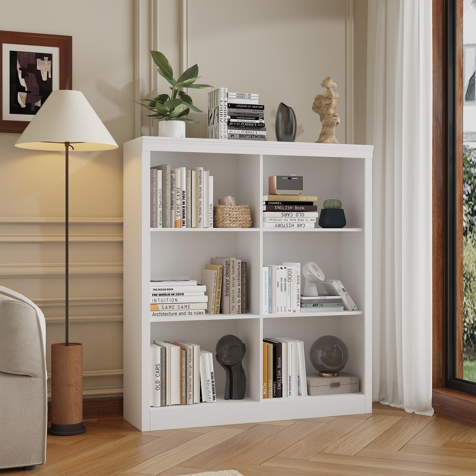 6-Cube Storage Organizer Bookshelf Farmhouse Wooden Bookcase with Open Shelves