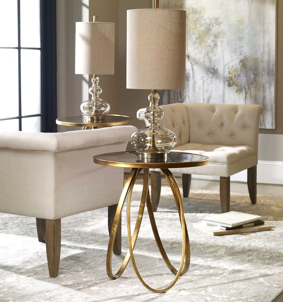 Uttermost 24410 Montrez Gold Leaf Round Accent End Table Antiqued Mirror Top