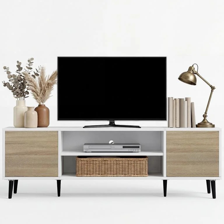 TV Stand for 65 Inch TV with 2 Push-to-Open Doors, Mid-Century Modern Media