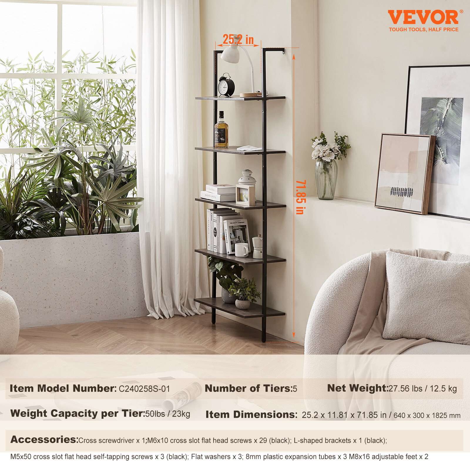 VEVOR Industrial Square Pipe Shelf 5 Tier 24×11.8in Wall-Mount for Bedroom
