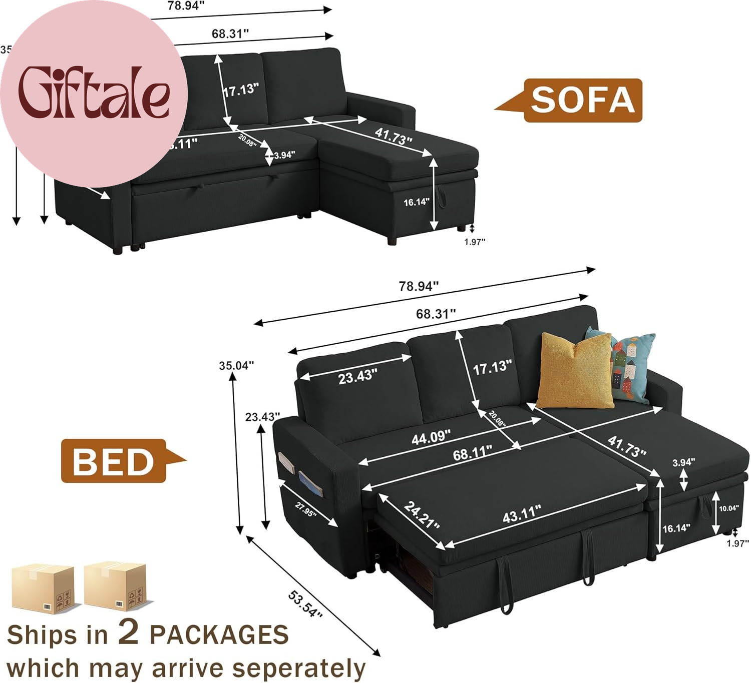 Convertible Sofa Bed, L-Shape Sectional Sleeper Sofa with Storage Chaise, Modern