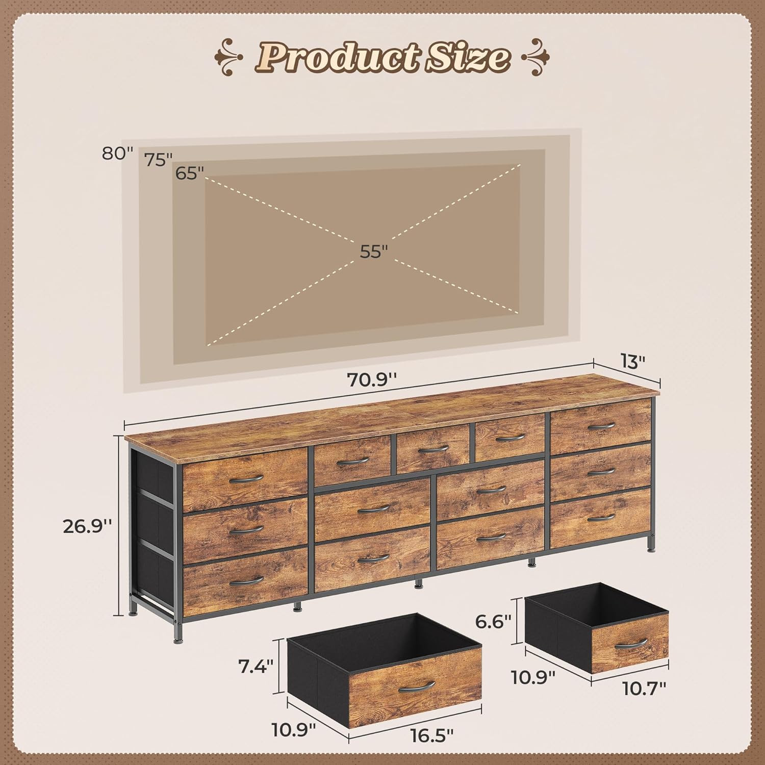 70 Inch Dresser for Bedroom, TV Stand for 65, 75, 80 Inch TV, 13 Fabric Drawer L