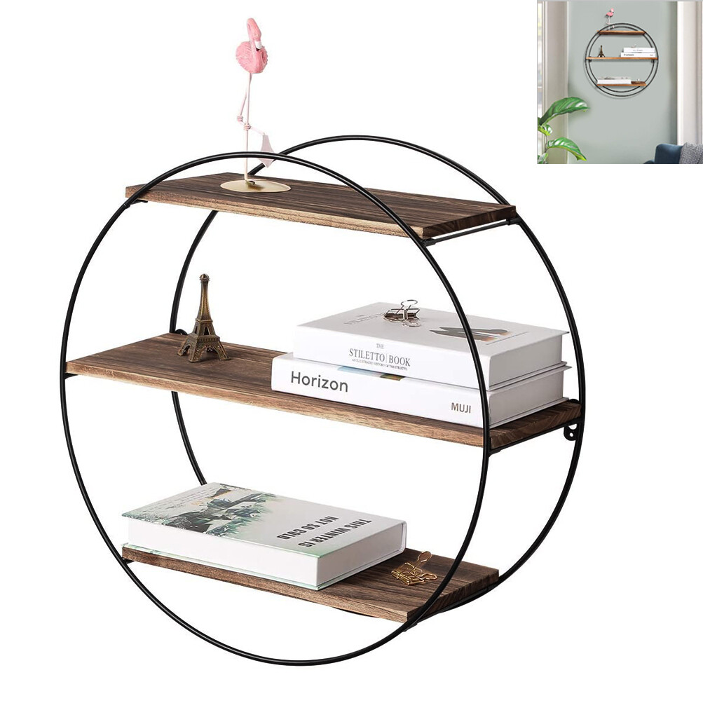 3 Tier Round Floating Shelves for Wall Mounted Metal/Wood Unique Book Display