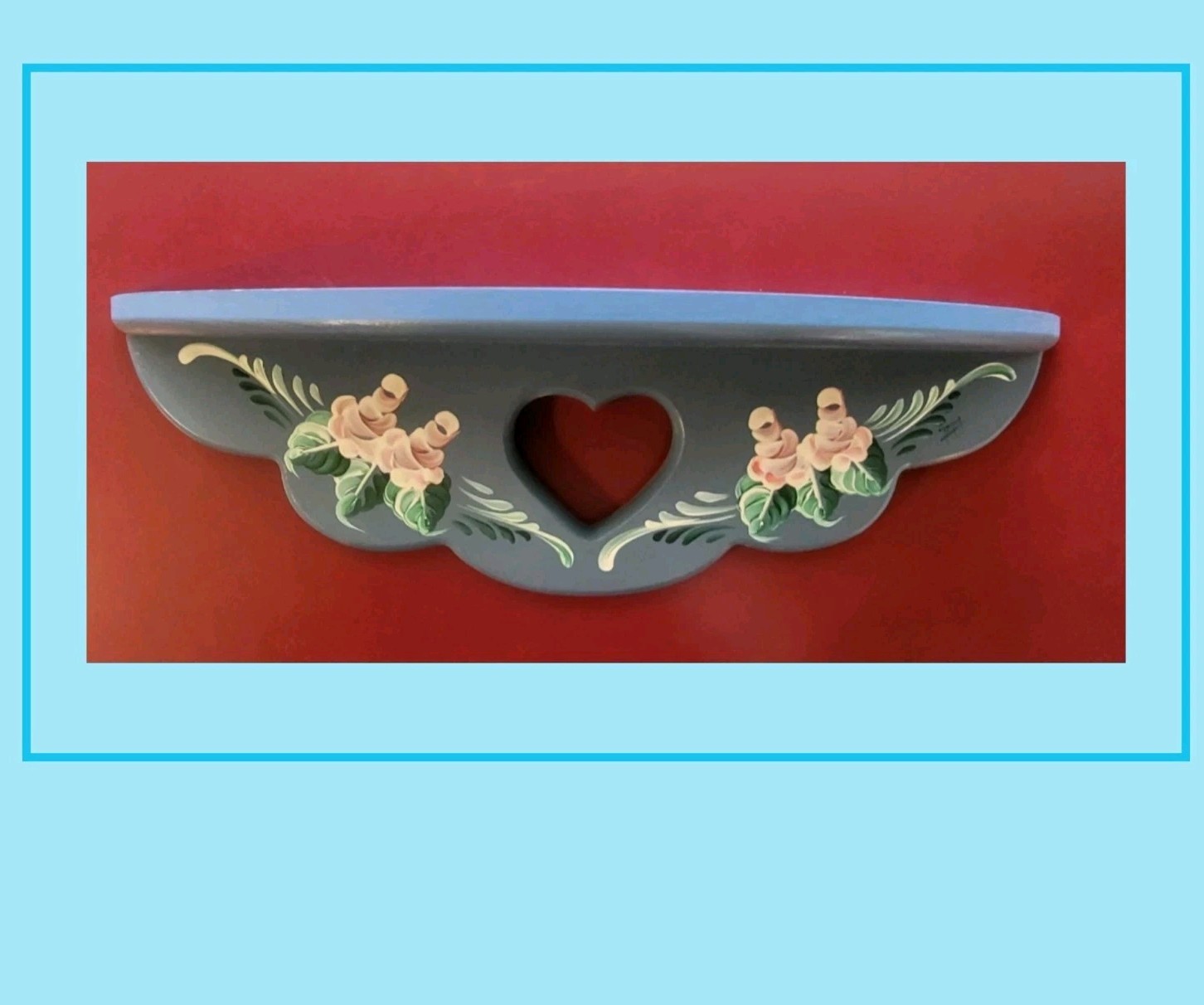 Hand Painted Shabby Chic Cottage Core Blue Heart Floral Heart Shelf Shelving