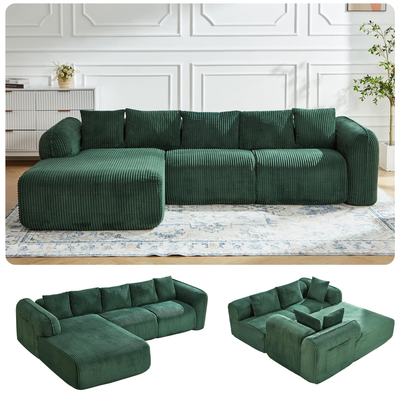 108″ Modern Modular Sectional Sofa Chaise Deep Seat Boneless Green Left Facing